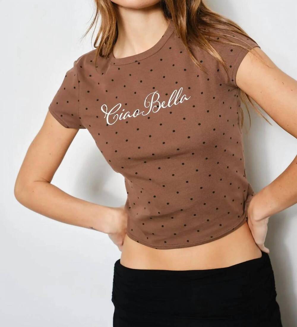 NEW PRETTY GARBAGE women's kamika polka dot graphic tee in brown